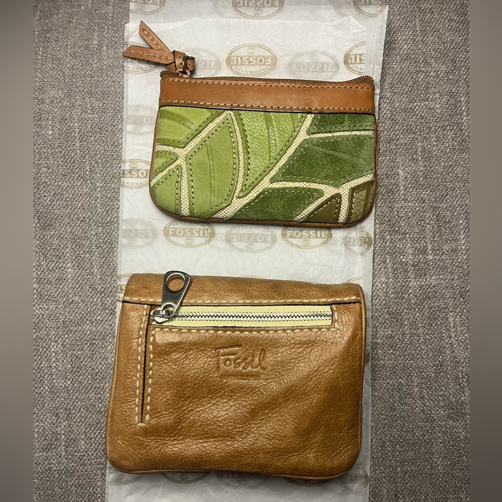 Fossil Green and Brown Leather Wallet Set